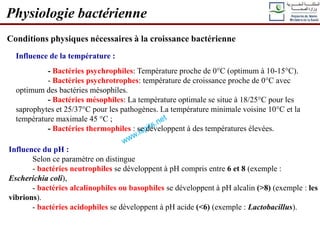 Conditions physiques nécessaires à la croissance bactérienne
Physiologie bactérienne
Influence de la température :
- Bactéries psychrophiles: Température proche de 0°C (optimum à 10-15°C).
- Bactéries psychrotrophes: température de croissance proche de 0°C avec
optimum des bactéries mésophiles.
- Bactéries mésophiles: La température optimale se situe à 18/25°C pour les
saprophytes et 25/37°C pour les pathogènes. La température minimale voisine 10°C et la
température maximale 45 °C ;
- Bactéries thermophiles : se développent à des températures élevées.
Influence du pH :
Selon ce paramètre on distingue
- bactéries neutrophiles se développent à pH compris entre 6 et 8 (exemple :
Escherichia coli),
- bactéries alcalinophiles ou basophiles se développent à pH alcalin (>8) (exemple : les
vibrions).
- bactéries acidophiles se développent à pH acide (<6) (exemple : Lactobacillus).
 