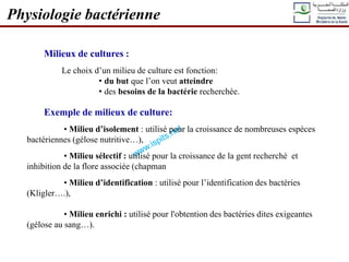 Milieux de cultures :
Le choix d’un milieu de culture est fonction:
• du but que l’on veut atteindre
• des besoins de la bactérie recherchée.
Physiologie bactérienne
Exemple de milieux de culture:
• Milieu d’isolement : utilisé pour la croissance de nombreuses espèces
bactériennes (gélose nutritive…),
• Milieu sélectif : utilisé pour la croissance de la gent recherché et
inhibition de la flore associée (chapman
• Milieu d’identification : utilisé pour l’identification des bactéries
(Kligler….),
• Milieu enrichi : utilisé pour l'obtention des bactéries dites exigeantes
(gélose au sang…).
 