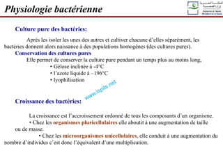 Culture pure des bactéries:
Après les isoler les unes des autres et cultiver chacune d’elles séparément, les
bactéries donnent alors naissance à des populations homogènes (des cultures pures).
Conservation des cultures pures
Elle permet de conserver la culture pure pendant un temps plus au moins long,
• Gélose inclinée à -4°C
• l’azote liquide à –196°C
• lyophilisation
Physiologie bactérienne
Croissance des bactéries:
La croissance est l’accroissement ordonné de tous les composants d’un organisme.
• Chez les organismes pluricellulaires elle aboutit à une augmentation de taille
ou de masse.
• Chez les microorganismes unicellulaires, elle conduit à une augmentation du
nombre d’individus c’est donc l’équivalent d’une multiplication.
 