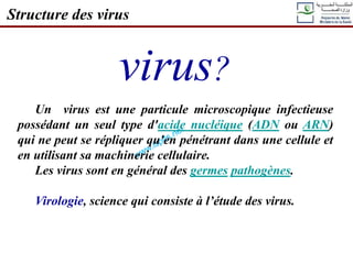 Un virus est une particule microscopique infectieuse
possédant un seul type d'acide nucléique (ADN ou ARN)
qui ne peut se répliquer qu'en pénétrant dans une cellule et
en utilisant sa machinerie cellulaire.
Les virus sont en général des germes pathogènes.
Virologie, science qui consiste à l’étude des virus.
Structure des virus
virus?
 