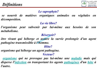 Le saprophyte?
se nourrit de matières organiques animales ou végétales en
décomposition.
La vie libre?
l’organisme peut subvenir par lui-même aux besoins de son
métabolisme.
Réservoir?
être vivant qui héberge et assure la survie prolongée d’un agent
pathogène transmissible à l’homme.
Hôte?
organisme qui héberge un agent pathogène.
Vecteur?
organisme qui ne provoque pas lui-même une maladie mais qui
disperse l'infection en transportant les agents pathogènes d'un hôte à
l'autre.
Définitions
 