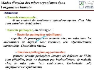 Définitions
• Bactérie commensale:
vit au contact du revêtement cutanéo-muqueux d’un hôte
sans entraîner de désordres.
• Bactérie pathogène, on distingue :
- Bactéries pathogènes spécifiques:
capables de provoquer une maladie chez un sujet dont les
mécanismes de défense sont normaux. (ex: Mycobactérium
tuberculosis Clostridium tetani).
- Bactéries pathogènes opportunistes:
peuvent devenir pathogènes lorsque les défenses de l’hôte
sont affaiblies, mais ne donnent pas habituellement de maladie
chez le sujet sain. (ex: entérocoque, Escherichia coli,
Staphylococcus epidermidis)
Modes d’action des microorganismes dans
l’organisme humain
 