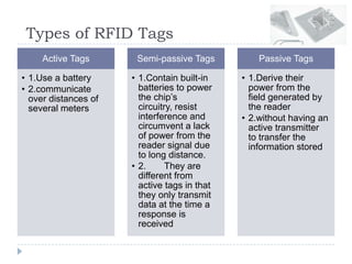 Types of RFID Tags
Active Tags
• 1.Use a battery
• 2.communicate
over distances of
several meters
Semi-passive Tags
• 1.Contain built-in
batteries to power
the chip’s
circuitry, resist
interference and
circumvent a lack
of power from the
reader signal due
to long distance.
• 2. They are
different from
active tags in that
they only transmit
data at the time a
response is
received
Passive Tags
• 1.Derive their
power from the
field generated by
the reader
• 2.without having an
active transmitter
to transfer the
information stored
 