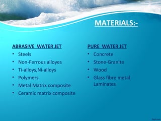 MATERIALS:-
ABRASIVE WATER JET
• Steels
• Non-Ferrous alloyes
• Ti-alloys,Ni-alloys
• Polymers
• Metal Matrix composite
• Ceramic matrix composite
PURE WATER JET
• Concrete
• Stone-Granite
• Wood
• Glass fibre metal
Laminates
 