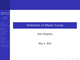 Arithmetic of
Elliptic Curves
Ayan
Sengupta
Group
Structure of
Elliptic Curves
Rational
Points of
Finite Order
on Elliptic
Curve
Group of
Rational
Points on
Elliptic Curve
Application in
Cryptography
Arithmetic of Elliptic Curves
Ayan Sengupta
May 5, 2015
 