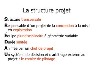 La structure projet
Structure transversale
Responsable d ’un projet de la conception à la mise
en exploitation
Équipe pluridisciplinaire à géométrie variable
Durée limitée
Animée par un chef de projet
Un système de décision et d’arbitrage externe au
projet : le comité de pilotage
 