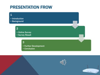 PRESENTATION FROW
1
• Introduction
• Background
2
• Online Survey
• Survey Result
3
• Further Development
• Conclusion
 
