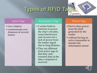Active Tags
• Use a battery
• communicate over
distances of several
meters

Semi-passive Tags

Passive Tags

• Contain built-in
batteries to power
the chip’s circuitry,
resist interference
and circumvent a
lack of power from
the reader signal
due to long distance.
• They are different
from active tags in
that they only
transmit data at the
time a response is
received

• Derive their power
from the field
generated by the
reader
• without having an
active transmitter to
transfer the
information stored

 