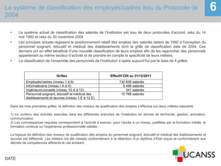 Le système de classification des employés/cadres issu du Protocole de
2004
DATE
6
• Le système actuel de classification des salariés de l’Institution est issu de deux protocoles d’accord, celui du 14
mai 1992 et celui du 30 novembre 2004.
• Les principes actuels régissant le positionnement relatif des emplois des salariés datent de 1992 à l’exception du
personnel soignant, éducatif et médical des établissements dont la grille de classification date de 2004. Ces
derniers ont en effet bénéficié d’une nouvelle classification de leurs emplois afin de les rapprocher des personnels
appartenant au même secteur d’activité et de prendre en compte la spécificité de leurs métiers.
• La classification de l’ensemble des personnels de l’Institution s’opère aujourd’hui par le biais de 4 grilles.
Dans les trois premières grilles, la définition des niveaux de qualification des emplois s’effectue sur deux critères classants :
1) Le contenu des activités exercées dans les différentes branches de l’Institution en termes de technicité, gestion, animation,
communication.
2) Les connaissances requises correspondant à l’activité à exercer, pour l’accès à un niveau, justifiées par la formation initiale, la
formation continue ou l’expérience professionnelle validée.
La logique de définition des niveaux de qualification des emplois du personnel soignant, éducatif et médical des établissements et
œuvres est différente. Les métiers ont été classés conformément à la détention d’un diplôme d’Etat requis et conformément aux
décrets de compétences afférents le cas échéant.
Grilles Effectif CDI au 31/12/2011
Employés/cadres (niveau 1 à 9) 132 838 salariés
Informaticiens (niveau I A à X) 5 488 salariés
Ingénieurs-conseils (niveau 10 A à 12) 341 salariés
Personnel soignant, éducatif et médical des
établissements et œuvres (niveau 1 E à 12 E)
10 768 salariés
 