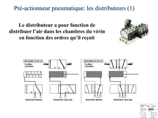 Pré-actionneur pneumatique: les distributeurs (1)
40
Le distributeur a pour fonction de
distribuer l’air dans les chambres du vérin
en fonction des ordres qu’il reçoit
 