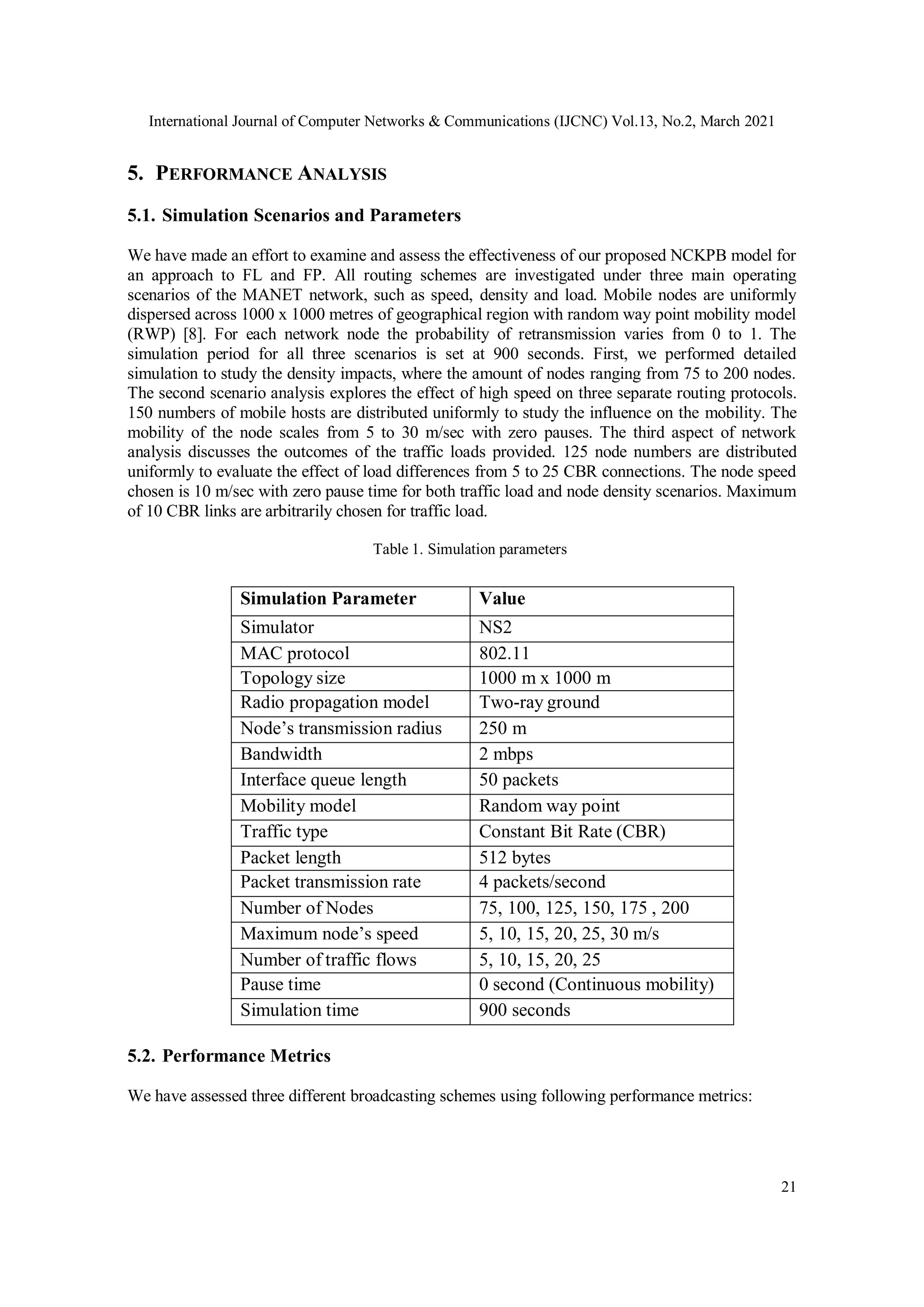 International Journal of Computer Networks & Communications (IJCNC) Vol.13, No.2, March 2021
21
5. PERFORMANCE ANALYSIS
5.1. Simulation Scenarios and Parameters
We have made an effort to examine and assess the effectiveness of our proposed NCKPB model for
an approach to FL and FP. All routing schemes are investigated under three main operating
scenarios of the MANET network, such as speed, density and load. Mobile nodes are uniformly
dispersed across 1000 x 1000 metres of geographical region with random way point mobility model
(RWP) [8]. For each network node the probability of retransmission varies from 0 to 1. The
simulation period for all three scenarios is set at 900 seconds. First, we performed detailed
simulation to study the density impacts, where the amount of nodes ranging from 75 to 200 nodes.
The second scenario analysis explores the effect of high speed on three separate routing protocols.
150 numbers of mobile hosts are distributed uniformly to study the influence on the mobility. The
mobility of the node scales from 5 to 30 m/sec with zero pauses. The third aspect of network
analysis discusses the outcomes of the traffic loads provided. 125 node numbers are distributed
uniformly to evaluate the effect of load differences from 5 to 25 CBR connections. The node speed
chosen is 10 m/sec with zero pause time for both traffic load and node density scenarios. Maximum
of 10 CBR links are arbitrarily chosen for traffic load.
Table 1. Simulation parameters
Simulation Parameter Value
Simulator NS2
MAC protocol 802.11
Topology size 1000 m x 1000 m
Radio propagation model Two-ray ground
Node’s transmission radius 250 m
Bandwidth 2 mbps
Interface queue length 50 packets
Mobility model Random way point
Traffic type Constant Bit Rate (CBR)
Packet length 512 bytes
Packet transmission rate 4 packets/second
Number of Nodes 75, 100, 125, 150, 175 , 200
Maximum node’s speed 5, 10, 15, 20, 25, 30 m/s
Number of traffic flows 5, 10, 15, 20, 25
Pause time 0 second (Continuous mobility)
Simulation time 900 seconds
5.2. Performance Metrics
We have assessed three different broadcasting schemes using following performance metrics:
 