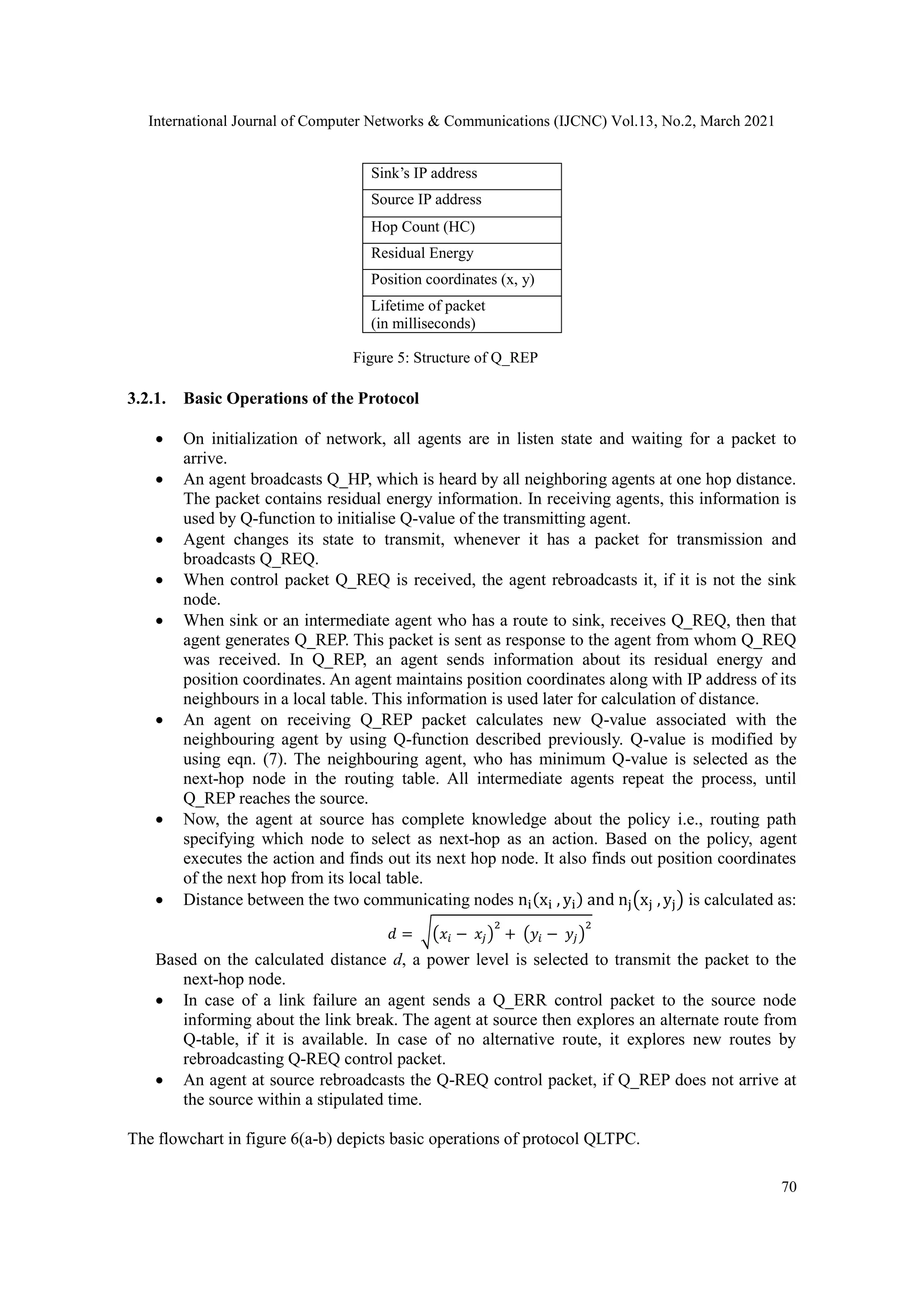 International Journal of Computer Networks & Communications (IJCNC) Vol.13, No.2, March 2021 70 3.2.1. Basic Operations of the Protocol  On initialization of network, all agents are in listen state and waiting for a packet to arrive.  An agent broadcasts Q_HP, which is heard by all neighboring agents at one hop distance. The packet contains residual energy information. In receiving agents, this information is used by Q-function to initialise Q-value of the transmitting agent.  Agent changes its state to transmit, whenever it has a packet for transmission and broadcasts Q_REQ.  When control packet Q_REQ is received, the agent rebroadcasts it, if it is not the sink node.  When sink or an intermediate agent who has a route to sink, receives Q_REQ, then that agent generates Q_REP. This packet is sent as response to the agent from whom Q_REQ was received. In Q_REP, an agent sends information about its residual energy and position coordinates. An agent maintains position coordinates along with IP address of its neighbours in a local table. This information is used later for calculation of distance.  An agent on receiving Q_REP packet calculates new Q-value associated with the neighbouring agent by using Q-function described previously. Q-value is modified by using eqn. (7). The neighbouring agent, who has minimum Q-value is selected as the next-hop node in the routing table. All intermediate agents repeat the process, until Q_REP reaches the source.  Now, the agent at source has complete knowledge about the policy i.e., routing path specifying which node to select as next-hop as an action. Based on the policy, agent executes the action and finds out its next hop node. It also finds out position coordinates of the next hop from its local table.  Distance between the two communicating nodes ni(xi , yi) and nj(xj , yj) is calculated as: 𝑑 = √(𝑥𝑖 − 𝑥𝑗) 2 + (𝑦𝑖 − 𝑦𝑗) 2 Based on the calculated distance d, a power level is selected to transmit the packet to the next-hop node.  In case of a link failure an agent sends a Q_ERR control packet to the source node informing about the link break. The agent at source then explores an alternate route from Q-table, if it is available. In case of no alternative route, it explores new routes by rebroadcasting Q-REQ control packet.  An agent at source rebroadcasts the Q-REQ control packet, if Q_REP does not arrive at the source within a stipulated time. The flowchart in figure 6(a-b) depicts basic operations of protocol QLTPC. Sink’s IP address Source IP address Hop Count (HC) Residual Energy Position coordinates (x, y) Lifetime of packet (in milliseconds) Figure 5: Structure of Q_REP 