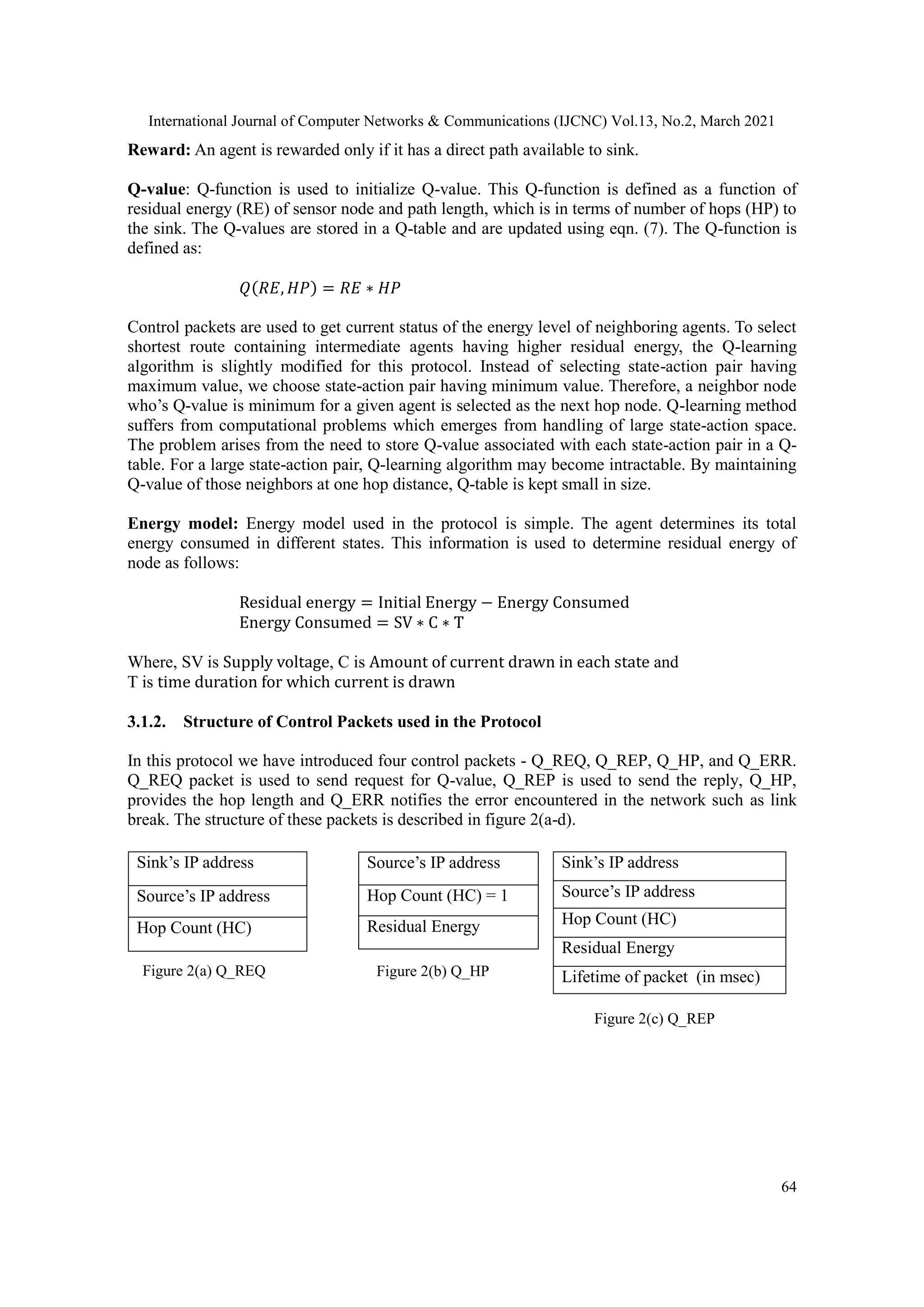 International Journal of Computer Networks & Communications (IJCNC) Vol.13, No.2, March 2021 64 Reward: An agent is rewarded only if it has a direct path available to sink. Q-value: Q-function is used to initialize Q-value. This Q-function is defined as a function of residual energy (RE) of sensor node and path length, which is in terms of number of hops (HP) to the sink. The Q-values are stored in a Q-table and are updated using eqn. (7). The Q-function is defined as: 𝑄(𝑅𝐸, 𝐻𝑃) = 𝑅𝐸 ∗ 𝐻𝑃 Control packets are used to get current status of the energy level of neighboring agents. To select shortest route containing intermediate agents having higher residual energy, the Q-learning algorithm is slightly modified for this protocol. Instead of selecting state-action pair having maximum value, we choose state-action pair having minimum value. Therefore, a neighbor node who’s Q-value is minimum for a given agent is selected as the next hop node. Q-learning method suffers from computational problems which emerges from handling of large state-action space. The problem arises from the need to store Q-value associated with each state-action pair in a Q- table. For a large state-action pair, Q-learning algorithm may become intractable. By maintaining Q-value of those neighbors at one hop distance, Q-table is kept small in size. Energy model: Energy model used in the protocol is simple. The agent determines its total energy consumed in different states. This information is used to determine residual energy of node as follows: Residual energy = Initial Energy − Energy Consumed Energy Consumed = SV ∗ C ∗ T Where, SV is Supply voltage, C is Amount of current drawn in each state and T is time duration for which current is drawn 3.1.2. Structure of Control Packets used in the Protocol In this protocol we have introduced four control packets - Q_REQ, Q_REP, Q_HP, and Q_ERR. Q_REQ packet is used to send request for Q-value, Q_REP is used to send the reply, Q_HP, provides the hop length and Q_ERR notifies the error encountered in the network such as link break. The structure of these packets is described in figure 2(a-d). Sink’s IP address Source’s IP address Hop Count (HC) Source’s IP address Hop Count (HC) = 1 Residual Energy Sink’s IP address Source’s IP address Hop Count (HC) Residual Energy Lifetime of packet (in msec) Figure 2(a) Q_REQ Figure 2(b) Q_HP Figure 2(c) Q_REP 