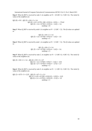 International Journal of Computer Networks & Communications (IJCNC) Vol.13, No.2, March 2021
68
Step 2: When Q_REP is received by node 3, its neighbor set N = {D (HC=1), 5 (HC=2)}. The initial Q-
values of the neighbors are:
Q[3, D] = 0.9 , Q[3, 5] = 0.8 ∗ 2 = 1.6
Q[3, D] = 0.9 + 0.75[−100 + 0.9(1.6 − 0.9)] = −73.62
Q[3, 5] = 1.6 + 0.75[ 0 + 0.9(1.6 − 1.6)] = 1.6
nexthop = D
Step 3: When Q_REP is received by node 4, its neighbor set N = {5 (HC = 2)}. The Q-values are updated
as:
Q[4, 5] = 0.8 ∗ 2 = 1.6
Q[4, 5] = 1.6 + 0.75[0 + 0.9(1.6 − 1.6)] = 1.6
nexthop = 5
Step 4: When Q_REP is received by node 1, its neighbor set N = {3 (HC = 2)}. The Q-values are updated
as:
Q[1, 3] = 0.8 ∗ 2 = 1.6
Q[1, 3] = 1.6 + 0.75[0 + 0.9(1.6 − 1.6)] = 1.6
nexthop = 3
Step 5: When Q_REP is received by node 2, its neighbor set N = {3 (HC=2), 4 (HC=3)}. The initial Q-
values of the neighbors are:
Q[2, 3] = 0.8 ∗ 2 = 1.6 , Q[2, 4] = 0.9 ∗ 3 = 2.7
Q[2, 3] = 1.6 + 0.75[0 + 0.9(2.7 − 1.6)] = 2.34
Q[2, 4] = 2.7 + 0.75[ 0 + 0.9(2.7 − 2.7)] = 2.7
nexthop = 3
Step 6: When Q_REP is received by node S, its neighbor set N = {1 (HC=3), 2 (HC=3)}. The initial Q-
values of the neighbors are:
Q[S, 1] = 0.75 ∗ 3 = 2.25 , Q[S, 2] = 0.7 ∗ 3 = 2.1
Q[S, 1] = 2.25 + 0.75[0 + 0.9(2.25 − 2.25)] = 2.25
Q[S, 2] = 2.1 + 0.75[ 0 + 0.9(2.25 − 2.1)] = 2.2
nexthop = 1
 