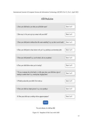 International Journal of Computer Science & Information Technology (IJCSIT) Vol 13, No 2, April 2021
13
Figure 10. Snapshot of the Case with ASD
 