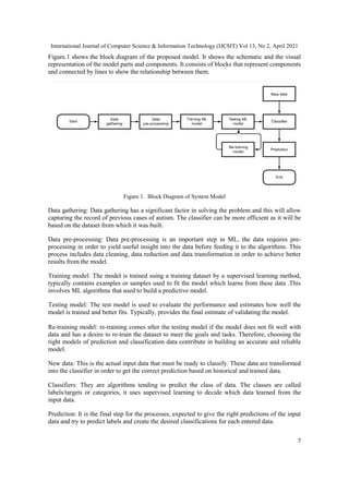 International Journal of Computer Science & Information Technology (IJCSIT) Vol 13, No 2, April 2021
5
Figure.1 shows the block diagram of the proposed model. It shows the schematic and the visual
representation of the model parts and components. It consists of blocks that represent components
and connected by lines to show the relationship between them.
Figure 1. Block Diagram of System Model
Data gathering: Data gathering has a significant factor in solving the problem and this will allow
capturing the record of previous cases of autism. The classifier can be more efficient as it will be
based on the dataset from which it was built.
Data pre-processing: Data pre-processing is an important step in ML, the data requires pre-
processing in order to yield useful insight into the data before feeding it to the algorithms. This
process includes data cleaning, data reduction and data transformation in order to achieve better
results from the model.
Training model: The model is trained using a training dataset by a supervised learning method,
typically contains examples or samples used to fit the model which learns from these data .This
involves ML algorithms that used to build a predictive model.
Testing model: The test model is used to evaluate the performance and estimates how well the
model is trained and better fits. Typically, provides the final estimate of validating the model.
Re-training model: re-training comes after the testing model if the model does not fit well with
data and has a desire to re-train the dataset to meet the goals and tasks. Therefore, choosing the
right models of prediction and classification data contribute in building an accurate and reliable
model.
New data: This is the actual input data that must be ready to classify. These data are transformed
into the classifier in order to get the correct prediction based on historical and trained data.
Classifiers: They are algorithms tending to predict the class of data. The classes are called
labels/targets or categories, it uses supervised learning to decide which data learned from the
input data.
Prediction: It is the final step for the processes, expected to give the right predictions of the input
data and try to predict labels and create the desired classifications for each entered data.
 