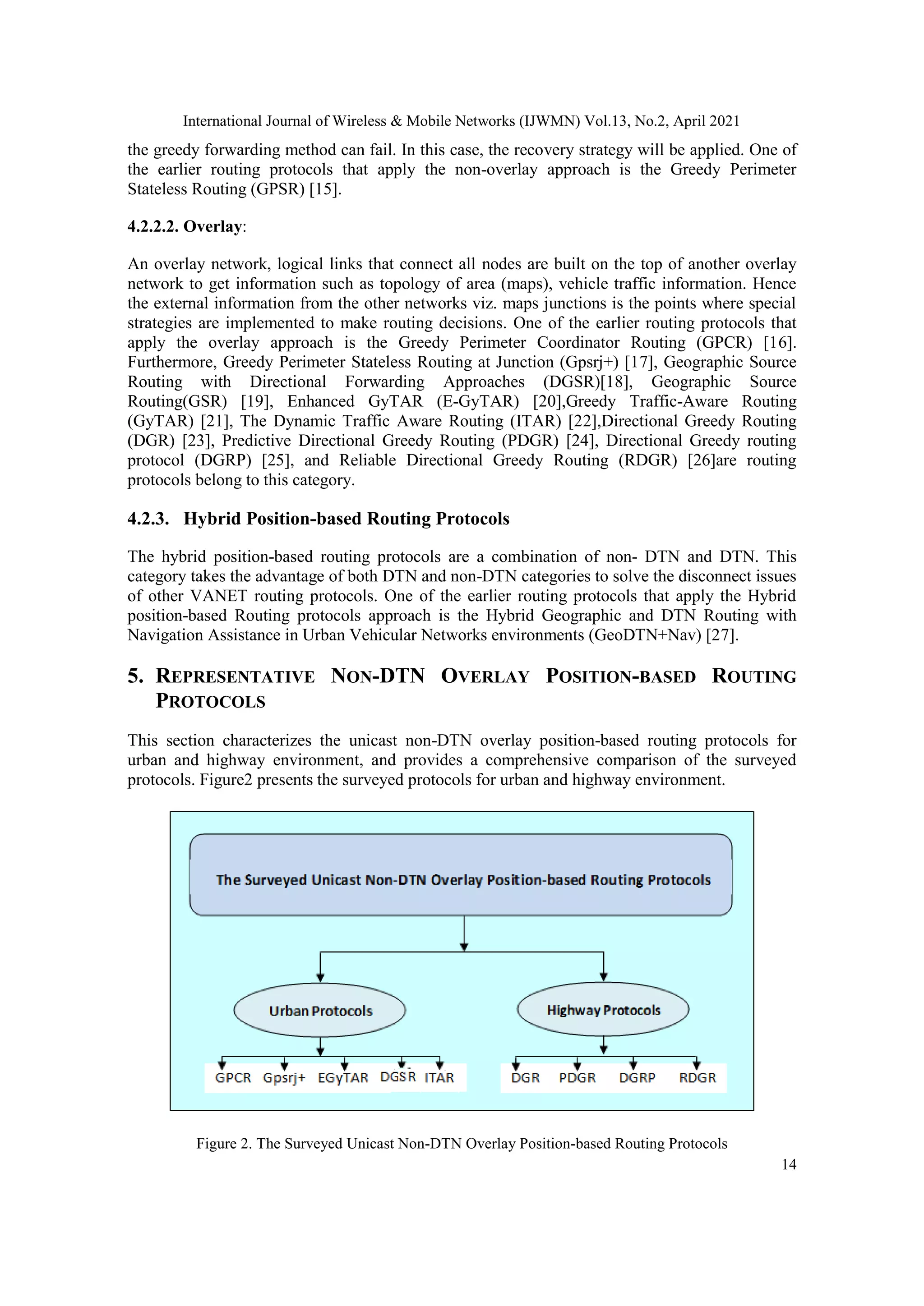 International Journal of Wireless & Mobile Networks (IJWMN) Vol.13, No.2, April 2021
14
the greedy forwarding method can fail. In this case, the recovery strategy will be applied. One of
the earlier routing protocols that apply the non-overlay approach is the Greedy Perimeter
Stateless Routing (GPSR) [15].
4.2.2.2. Overlay:
An overlay network, logical links that connect all nodes are built on the top of another overlay
network to get information such as topology of area (maps), vehicle traffic information. Hence
the external information from the other networks viz. maps junctions is the points where special
strategies are implemented to make routing decisions. One of the earlier routing protocols that
apply the overlay approach is the Greedy Perimeter Coordinator Routing (GPCR) [16].
Furthermore, Greedy Perimeter Stateless Routing at Junction (Gpsrj+) [17], Geographic Source
Routing with Directional Forwarding Approaches (DGSR)[18], Geographic Source
Routing(GSR) [19], Enhanced GyTAR (E-GyTAR) [20],Greedy Traffic-Aware Routing
(GyTAR) [21], The Dynamic Traffic Aware Routing (ITAR) [22],Directional Greedy Routing
(DGR) [23], Predictive Directional Greedy Routing (PDGR) [24], Directional Greedy routing
protocol (DGRP) [25], and Reliable Directional Greedy Routing (RDGR) [26]are routing
protocols belong to this category.
4.2.3. Hybrid Position-based Routing Protocols
The hybrid position-based routing protocols are a combination of non- DTN and DTN. This
category takes the advantage of both DTN and non-DTN categories to solve the disconnect issues
of other VANET routing protocols. One of the earlier routing protocols that apply the Hybrid
position-based Routing protocols approach is the Hybrid Geographic and DTN Routing with
Navigation Assistance in Urban Vehicular Networks environments (GeoDTN+Nav) [27].
5. REPRESENTATIVE NON-DTN OVERLAY POSITION-BASED ROUTING
PROTOCOLS
This section characterizes the unicast non-DTN overlay position-based routing protocols for
urban and highway environment, and provides a comprehensive comparison of the surveyed
protocols. Figure2 presents the surveyed protocols for urban and highway environment.
Figure 2. The Surveyed Unicast Non-DTN Overlay Position-based Routing Protocols
 