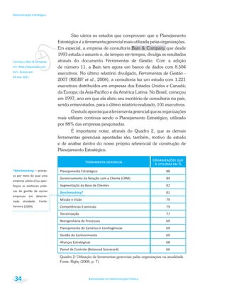 vConheça a Bain & Company
Bacharelado em Administração Pública
Administração Estratégica
34
São vários os estudos que comprovam que o Planejamento
Estratégico é a ferramenta gerencial mais utilizada pelas organizações.
Em especial, a empresa de consultoria Bain & Company que desde
1993 estuda o assunto e, de tempos em tempos, divulga os resultados
através do documento Ferramentas de Gestão. Com a edição
de número 11, a Bain tem agora um banco de dados com 8.504
executivos. No último relatório divulgado, Ferramentas de Gestão -
2007 (RIGBY et al., 2008), a consultoria fez um estudo com 1.221
executivos distribuídos em empresas dos Estados Unidos e Canadá;
da Europa; da Ásia-Pacífico e da América Latina. No Brasil, começou
em 1997, ano em que ela abriu seu escritório de consultoria no país,
sendo entrevistados, para o último relatório realizado, 101 executivos.
Oestudoapontaqueaferramentagerencialqueasorganizações
mais utilizam continua sendo o Planejamento Estratégico, utilizado
por 88% das empresas pesquisadas.
É importante notar, através do Quadro 2, que as demais
ferramentas gerenciais apontadas são, também, motivo de estudo
e de análise dentro do nosso próprio referencial de construção de
Planejamento Estratégico.
Planejamento Estratégico
Segmentação da Base de Clientes
Benchmarking*
Missão e Visão
Reengenharia de Processos
Alianças Estratégicas
66
Quadro 2: Utilização de ferramentas gerenciais pelas organizações na atualidade
Fonte: Rigby (2008, p. 7)
*Benchmarking – proces-
so por meio do qual uma
cas de gestão de outras
empresas em determi-
 
