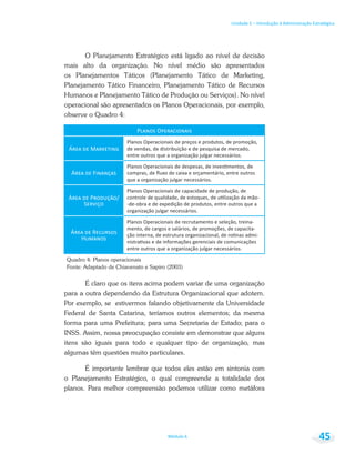 Unidade 1 – Introdução à Administração Estratégica
Módulo 6 45
O Planejamento Estratégico está ligado ao nível de decisão
mais alto da organização. No nível médio são apresentados
os Planejamentos Táticos (Planejamento Tático de Marketing,
Planejamento Tático Financeiro, Planejamento Tático de Recursos
Humanos e Planejamento Tático de Produção ou Serviços). No nível
operacional são apresentados os Planos Operacionais, por exemplo,
observe o Quadro 4:
Quadro 4: Planos operacionais
Fonte: Adaptado de Chiavenato e Sapiro (2003)
É claro que os itens acima podem variar de uma organização
para a outra dependendo da Estrutura Organizacional que adotem.
Por exemplo, se estivermos falando objetivamente da Universidade
Federal de Santa Catarina, teríamos outros elementos; da mesma
forma para uma Prefeitura; para uma Secretaria de Estado; para o
INSS. Assim, nossa preocupação consiste em demonstrar que alguns
itens são iguais para todo e qualquer tipo de organização, mas
algumas têm questões muito particulares.
É importante lembrar que todos eles estão em sintonia com
o Planejamento Estratégico, o qual compreende a totalidade dos
planos. Para melhor compreensão podemos utilizar como metáfora
 