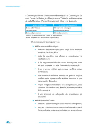 Bacharelado em Administração Pública
Administração Estratégica
46
a Constituição Federal (Planejamento Estratégico), as Constituições de
cada Estado da Federação (Planejamentos Táticos) e as Constituições
de cada Município (Planos Operacionais). Observe o Quadro 5:
NÍVEIS DE DECISÃO TIPOS DE PLANEJAMENTO
Planejamento Estratégico
Planos Operacionais
Quadro 5: Níveis de decisão e tipos de planejamento
Fonte: Adaptado de Chiavenato e Sapiro (2003)
Podemos resumir assim para você:
O Planejamento Estratégico:
relaciona-se com os objetivos de longo prazo e com as
maneiras de alcançá-los;
trata de questões que afetam a organização na
sua totalidade;
é de responsabilidade dos níveis hierárquicos mais
altos da empresa, ou seja, diretores da organização;
é um processo político que envolve conflitos, poder
e interesses;
sua introdução enfrenta resistências, porque implica
mudança das regras na alocação de estrutura e, por
conseguinte, de poder;
requer comprometimento de toda a organização, caso
contrário ela não funciona. Por isso, sua complexidade
é tão grande; e
é um processo de adaptação da organização ao
ambiente.
O Planejamento Tático:
relaciona-se com os objetivos de médio e curto prazos;
tem por objetivo otimizar determinada área funcional
da organização e não a organização em seu conjunto;
 