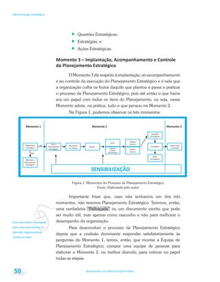 vEssa expressão é empregada
pelo autor para nomear os
Lembra-se dela?
Bacharelado em Administração Pública
Administração Estratégica
50
Questões Estratégicas;
Estratégias; e
Ações Estratégicas.
O Momento 3 diz respeito à implantação, ao acompanhamento
e ao controle da execução do Planejamento Estratégico e é nele que
a organização colhe os frutos daquilo que plantou e passa a praticar
o processo de Planejamento Estratégico; pois até então o que havia
era um papel com todos os itens do Planejamento, ou seja, nesse
Momento adota, na prática, tudo o que pensou no Momento 2.
Na Figura 1, podemos observar os três momentos:
Figura 1: Momentos do Processo de Planejamento Estratégico
Fonte: Elaborada pelo autor
Importante frisar que, caso não tenhamos um dos três
momentos, não teremos Planejamento Estratégico. Teremos, então,
uma verdadeira “Palhaçada” ou um documento escrito que pode
ser muito útil, mas apenas como rascunho e não para melhorar o
desempenho da organização.
Para desenvolver o processo de Planejamento Estratégico
depois que a coalizão dominante responder satisfatoriamente às
perguntas do Momento 1, temos, então, que montar a Equipe de
Planejamento Estratégico; compor uma equipe de pessoas para
elaborar o Momento 2, ou melhor dizendo, para colocar no papel
todas as etapas.
 