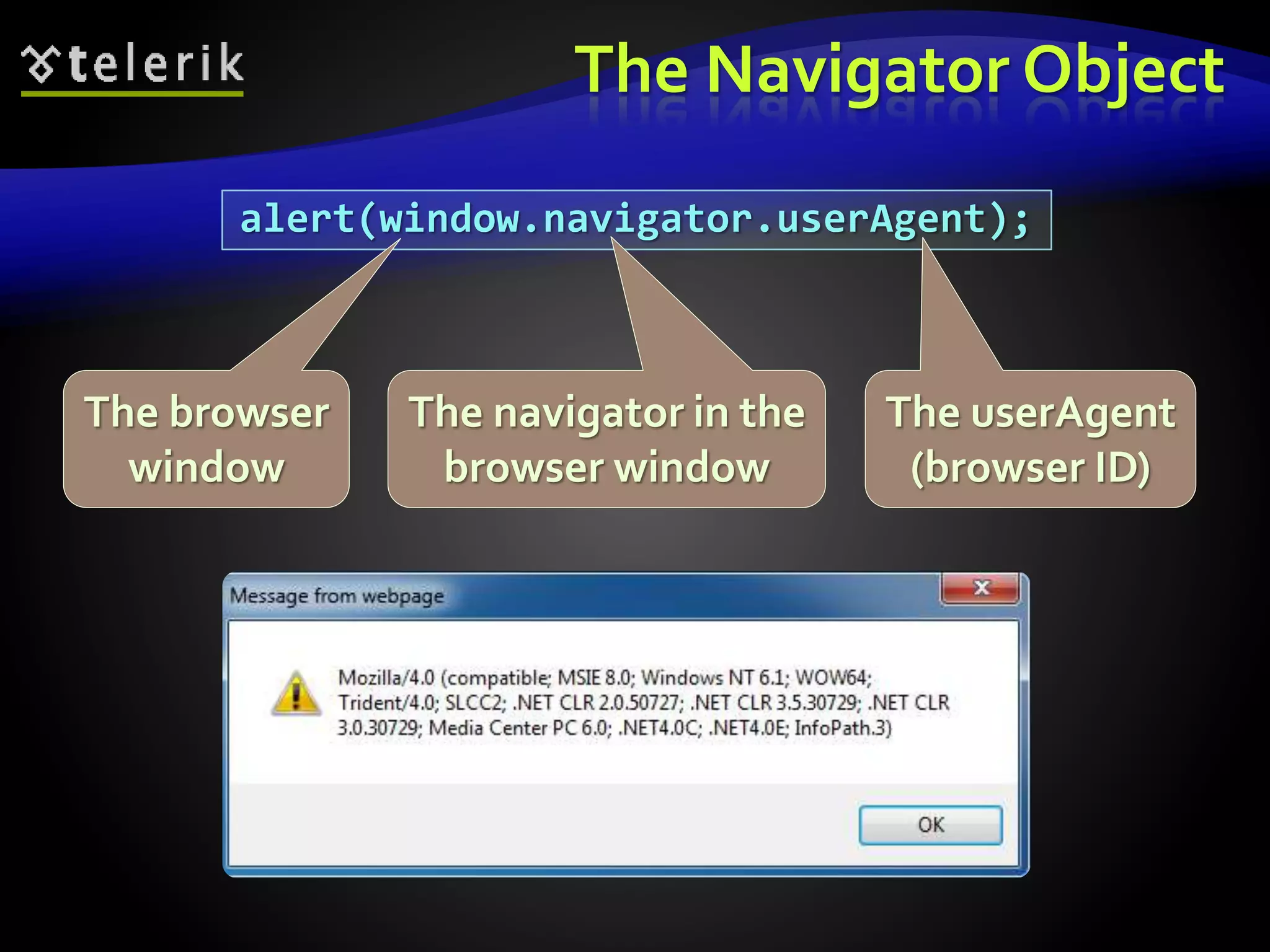 The Navigator Object
alert(window.navigator.userAgent);
The navigator in the
browser window
The userAgent
(browser ID)
The browser
window
 