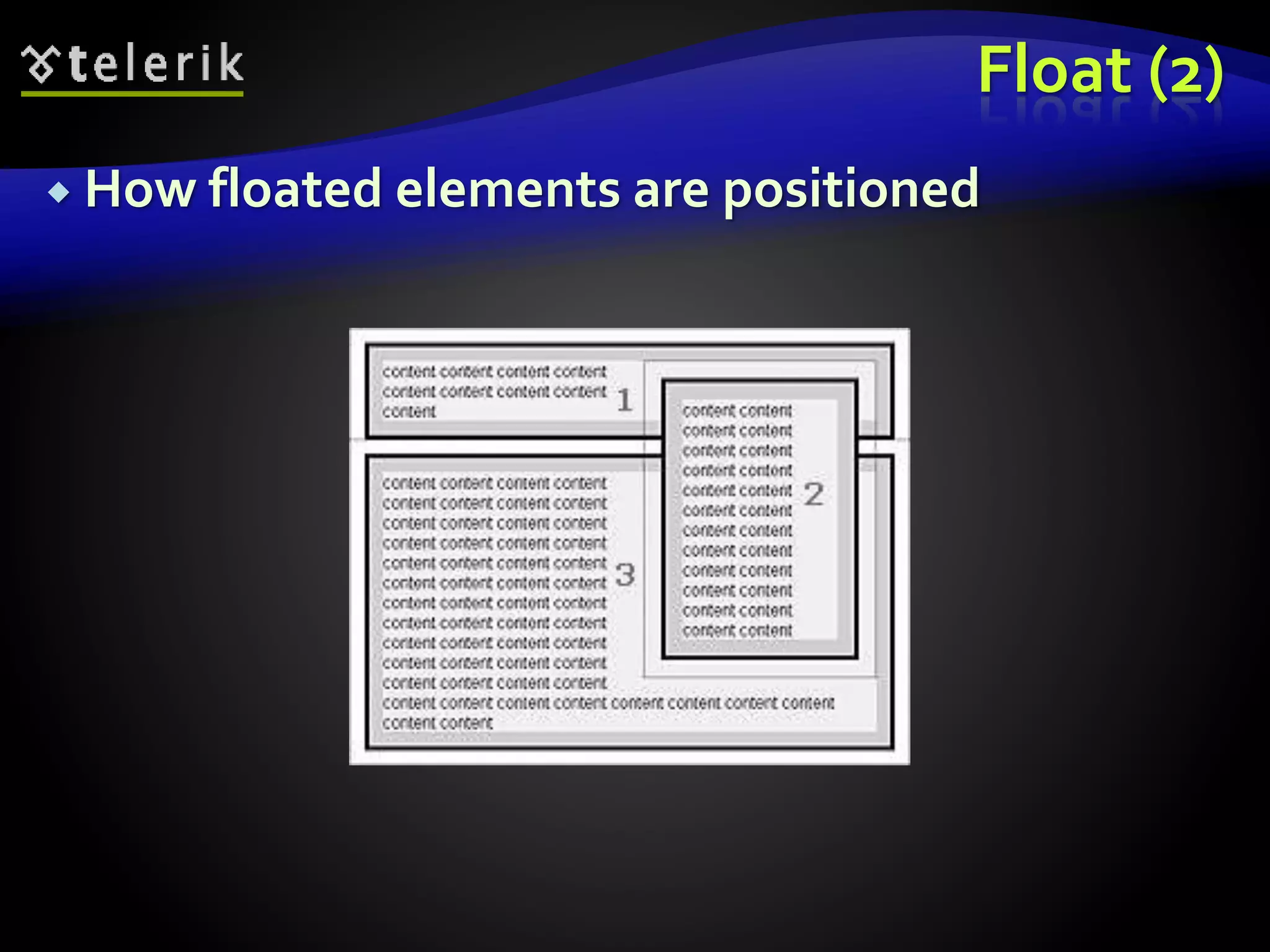 Float (2)
 How floated elements are positioned
 