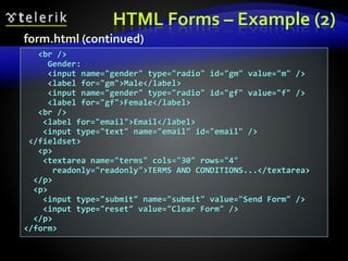 HTML Forms – Example (2)
<br />
Gender:
<input name="gender" type="radio" id="gm" value="m" />
<label for="gm">Male</label>
<input name="gender" type="radio" id="gf" value="f" />
<label for="gf">Female</label>
<br />
<label for="email">Email</label>
<input type="text" name="email" id="email" />
</fieldset>
<p>
<textarea name="terms" cols="30" rows="4"
readonly="readonly">TERMS AND CONDITIONS...</textarea>
</p>
<p>
<input type="submit" name="submit" value="Send Form" />
<input type="reset" value="Clear Form" />
</p>
</form>
form.html (continued)
 