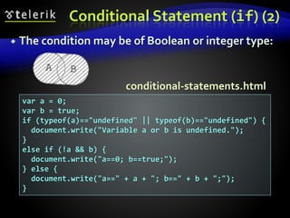Conditional Statement (if) (2)
 The condition may be of Boolean or integer type:
var a = 0;
var b = true;
if (typeof(a)=="undefined" || typeof(b)=="undefined") {
document.write("Variable a or b is undefined.");
}
else if (!a && b) {
document.write("a==0; b==true;");
} else {
document.write("a==" + a + "; b==" + b + ";");
}
conditional-statements.html
 