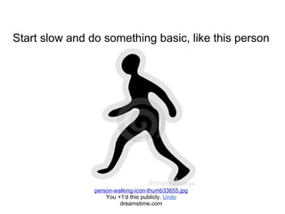Start slow and do something basic, like this person




                person-walking-icon-thumb33655.jpg
                    You +1'd this publicly. Undo
                         dreamstime.com
 