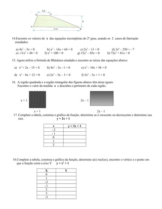 14.Encontre os valores de x das equações incompletas do 2º grau, usando os 2 casos de fatoração
estudados:
a) 4x2
– 5x = 0 b) x2
– 16x + 64 = 0 c) 2x2
– 11 = 0 d) 3z4
– 250 = - 7
e) -11x2
+ 44 = 0 f) x2
+ 100 = 0 g) 15x2
– 45x = 0 h) 72x2
+ 81x = 0
15. Agora utilize a fórmula de Bháskara estudada e encontre as raízes das equações abaixo:
a) x2
+ 2x – 15 = 0 b) 4x2
- 3x - 1 = 0 c) x2
– 10x + 56 = 0
d) x2
– 8x + 12 = 0 e) 2x2
– 5x – 3 = 0 f) 5x2
– 3x + 1 = 0
16. A região quadrada e a região retangular das figuras abaixo têm áreas iguais.
Encontre o valor da medida x e descubra o perímetro de cada região.
x + 1 2x – 1
x + 1 2x – 1
17. Complete a tabela, construa o gráfico da função, determine se é crescente ou decrescente e determine sua
raiz. y = 2x + 1
x y = 2x + 1
- 2
- 1
0
1
2
18.Complete a tabela, construa o gráfico da função, determine a(s) raiz(es), encontre o vértice e o ponto em
que a função corta o eixo Y y = x2
+ 1
X Y
0
1
-2
-1
2
3
-3
 