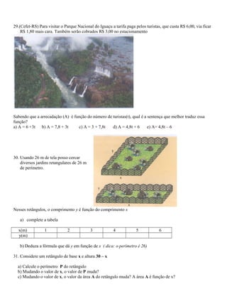 29.(Cefet-RS) Para visitar o Parque Nacional do Iguaçu a tarifa paga pelos turistas, que custa R$ 6,00, via ficar
R$ 1,80 mais cara. Também serão cobrados R$ 3,00 no estacionamento
Sabendo que a arrecadação (A) é função do número de turistas(t), qual é a sentença que melhor traduz essa
função?
a) A = 6 +3t b) A = 7,8 + 3t c) A = 3 + 7,8t d) A = 4,8t + 6 e) A= 4,8t – 6
30. Usando 26 m de tela posso cercar
diversos jardins retangulares de 26 m
de perímetro.
Nesses retângulos, o comprimento y é função do comprimento x
a) complete a tabela
x(m) 1 2 3 4 5 6
y(m)
b) Deduza a fórmula que dá y em função de x ( dica: o perímetro é 26)
31. Considere um retângulo de base x e altura 30 – x
a) Calcule o perímetro P do retângulo
b) Mudando o valor de x, o valor de P muda?
c) Mudando o valor de x, o valor da área A do retângulo muda? A área A é função de x?
 