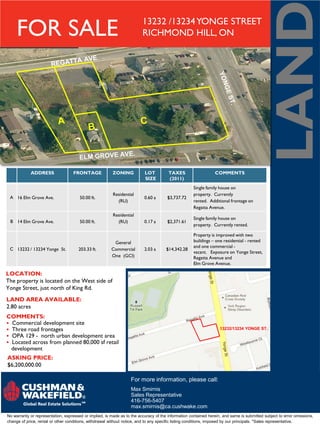 LAND
     FOR SALE                                                            13232 /13234 YONGE STREET
                                                                         RICHMOND HILL, ON




            ADDRESS                FRONTAGE              ZONING           LOT          TAXES                    COMMENTS
                                                                          SIZE         (2011)
                                                                                                     Single family house on
                                                         Residential                                 property. Currently
 A 16 Elm Grove Ave.                   50.00 ft.                          0.60 a      $3,737.72
                                                           (RU)                                      rented. Additional frontage on
                                                                                                     Regatta Avenue.
                                                         Residential
                                                                                                     Single family house on
 B 14 Elm Grove Ave.                   50.00 ft.           (RU)           0.17 a      $2,371.61
                                                                                                     property. Currently rented.

                                                                                                     Property is improved with two
                                                         General                                     buildings – one residential - rented
                                                                                                     and one commercial -
 C 13232 / 13234 Yonge St.            203.33 ft.        Commercial        2.03 a      $14,342.28
                                                                                                     vacant. Exposure on Yonge Street,
                                                        One (GCI)                                    Regatta Avenue and
                                                                                                     Elm Grove Avenue.

LOCATION:
The property is located on the West side of
Yonge Street, just north of King Rd.
LAND AREA AVAILABLE:
2.80 acres
COMMENTS:
 Commercial development site
 Three road frontages                                                                                             13232/13234 YONGE ST.
 OPA 129 - north urban development area
 Located across from planned 80,000 sf retail
  development
ASKING PRICE:
$6,200,000.00

                                                                   For more information, please call:
                                                                   Max Smirnis
                                                                   Sales Representative
                                                                   416-756-5407
                                                                   max.smirnis@ca.cushwake.com
No warranty or representation, expressed or implied, is made as to the accuracy of the information contained herein, and same is submitted subject to error omissions,
change of price, rental or other conditions, withdrawal without notice, and to any specific listing conditions, imposed by our principals. *Sales representative.
 