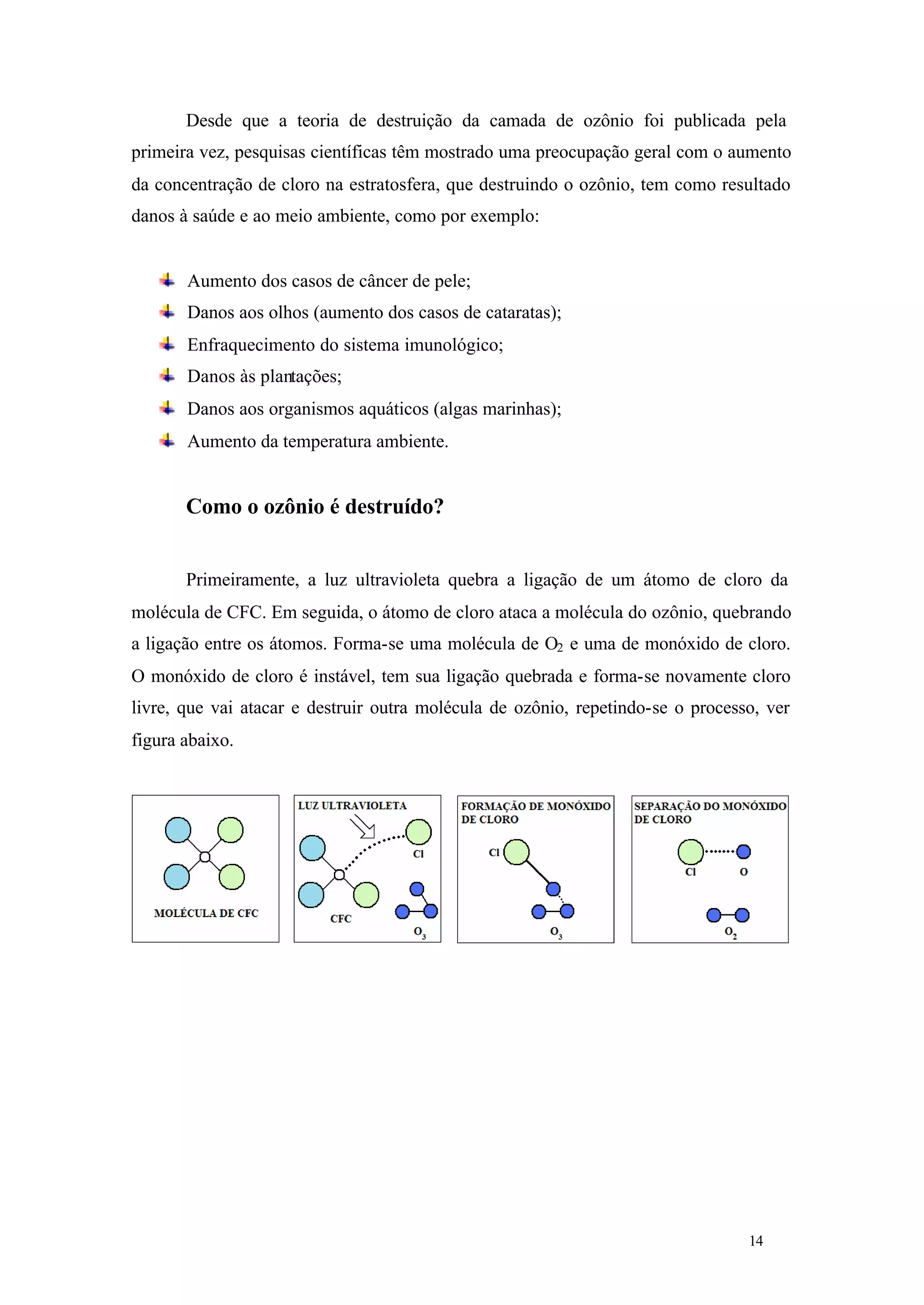 Desde que a teoria de destruição da camada de ozônio foi publicada pela
primeira vez, pesquisas científicas têm mostrado uma preocupação geral com o aumento
da concentração de cloro na estratosfera, que destruindo o ozônio, tem como resultado
danos à saúde e ao meio ambiente, como por exemplo:

Aumento dos casos de câncer de pele;
Danos aos olhos (aumento dos casos de cataratas);
Enfraquecimento do sistema imunológico;
Danos às plantações;
Danos aos organismos aquáticos (algas marinhas);
Aumento da temperatura ambiente.

Como o ozônio é destruído?
Primeiramente, a luz ultravioleta quebra a ligação de um átomo de cloro da
molécula de CFC. Em seguida, o átomo de cloro ataca a molécula do ozônio, quebrando
a ligação entre os átomos. Forma-se uma molécula de O2 e uma de monóxido de cloro.
O monóxido de cloro é instável, tem sua ligação quebrada e forma-se novamente cloro
livre, que vai atacar e destruir outra molécula de ozônio, repetindo-se o processo, ver
figura abaixo.

14

14

 