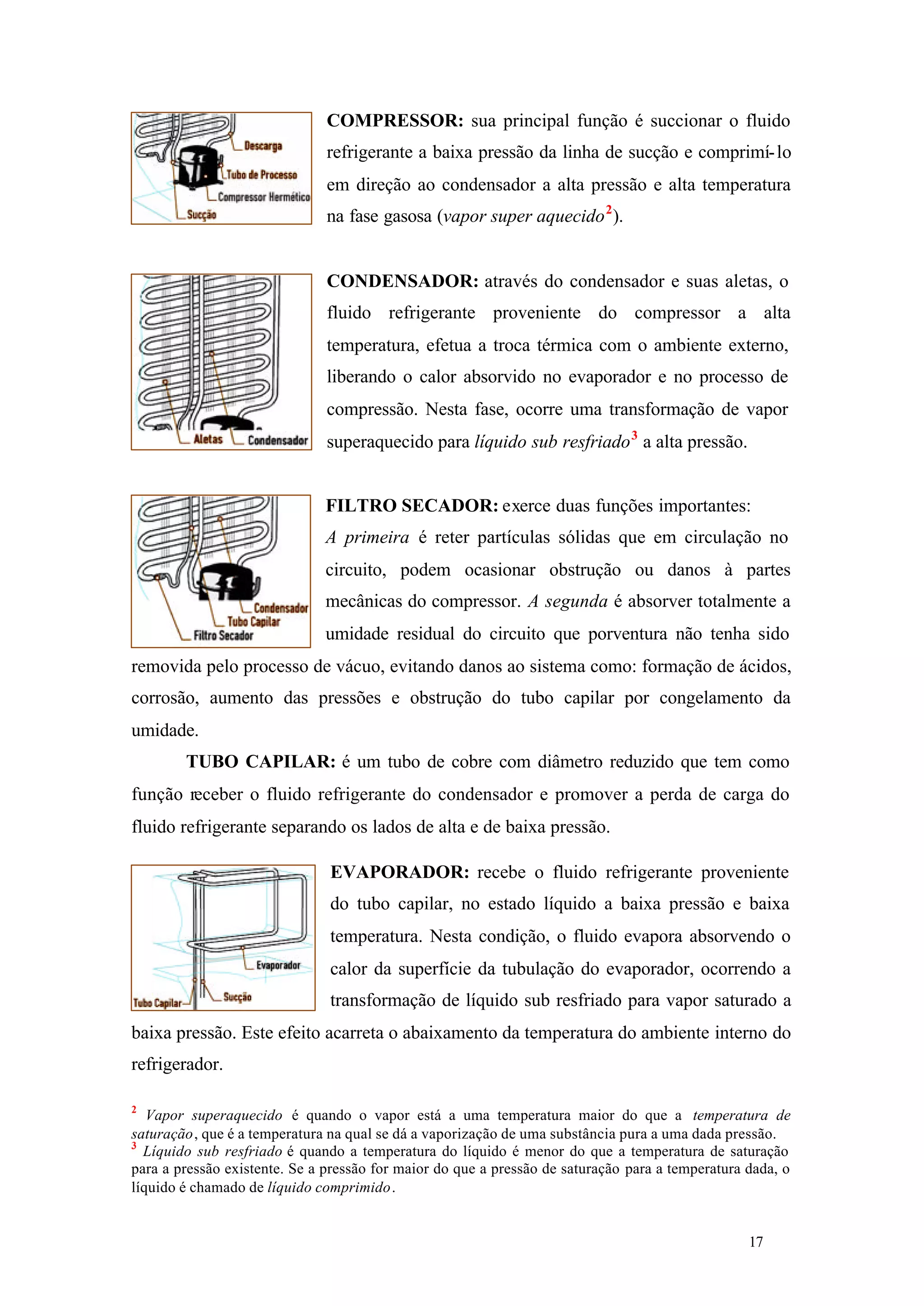 COMPRESSOR: sua principal função é succionar o fluido
refrigerante a baixa pressão da linha de sucção e comprimí- lo
em direção ao condensador a alta pressão e alta temperatura
na fase gasosa (vapor super aquecido 2 ).

CONDENSADOR: através do condensador e suas aletas, o
fluido refrigerante proveniente do compressor a alta
temperatura, efetua a troca térmica com o ambiente externo,
liberando o calor absorvido no evaporador e no processo de
compressão. Nesta fase, ocorre uma transformação de vapor
superaquecido para líquido sub resfriado 3 a alta pressão.

FILTRO SECADOR: exerce duas funções importantes:
A primeira é reter partículas sólidas que em circulação no
circuito, podem ocasionar obstrução ou danos à partes
mecânicas do compressor. A segunda é absorver totalmente a
umidade residual do circuito que porventura não tenha sido
removida pelo processo de vácuo, evitando danos ao sistema como: formação de ácidos,
corrosão, aumento das pressões e obstrução do tubo capilar por congelamento da
umidade.
TUBO CAPILAR: é um tubo de cobre com diâmetro reduzido que tem como
função receber o fluido refrigerante do condensador e promover a perda de carga do
fluido refrigerante separando os lados de alta e de baixa pressão.
EVAPORADOR: recebe o fluido refrigerante proveniente
do tubo capilar, no estado líquido a baixa pressão e baixa
temperatura. Nesta condição, o fluido evapora absorvendo o
calor da superfície da tubulação do evaporador, ocorrendo a
transformação de líquido sub resfriado para vapor saturado a
baixa pressão. Este efeito acarreta o abaixamento da temperatura do ambiente interno do
refrigerador.
2

Vapor superaquecido é quando o vapor está a uma temperatura maior do que a temperatura de
saturação, que é a temperatura na qual se dá a vaporização de uma substância pura a uma dada pressão.
3
Líquido sub resfriado é quando a temperatura do líquido é menor do que a temperatura de saturação
para a pressão existente. Se a pressão for maior do que a pressão de saturação para a temperatura dada, o
líquido é chamado de líquido comprimido.

17

17

 