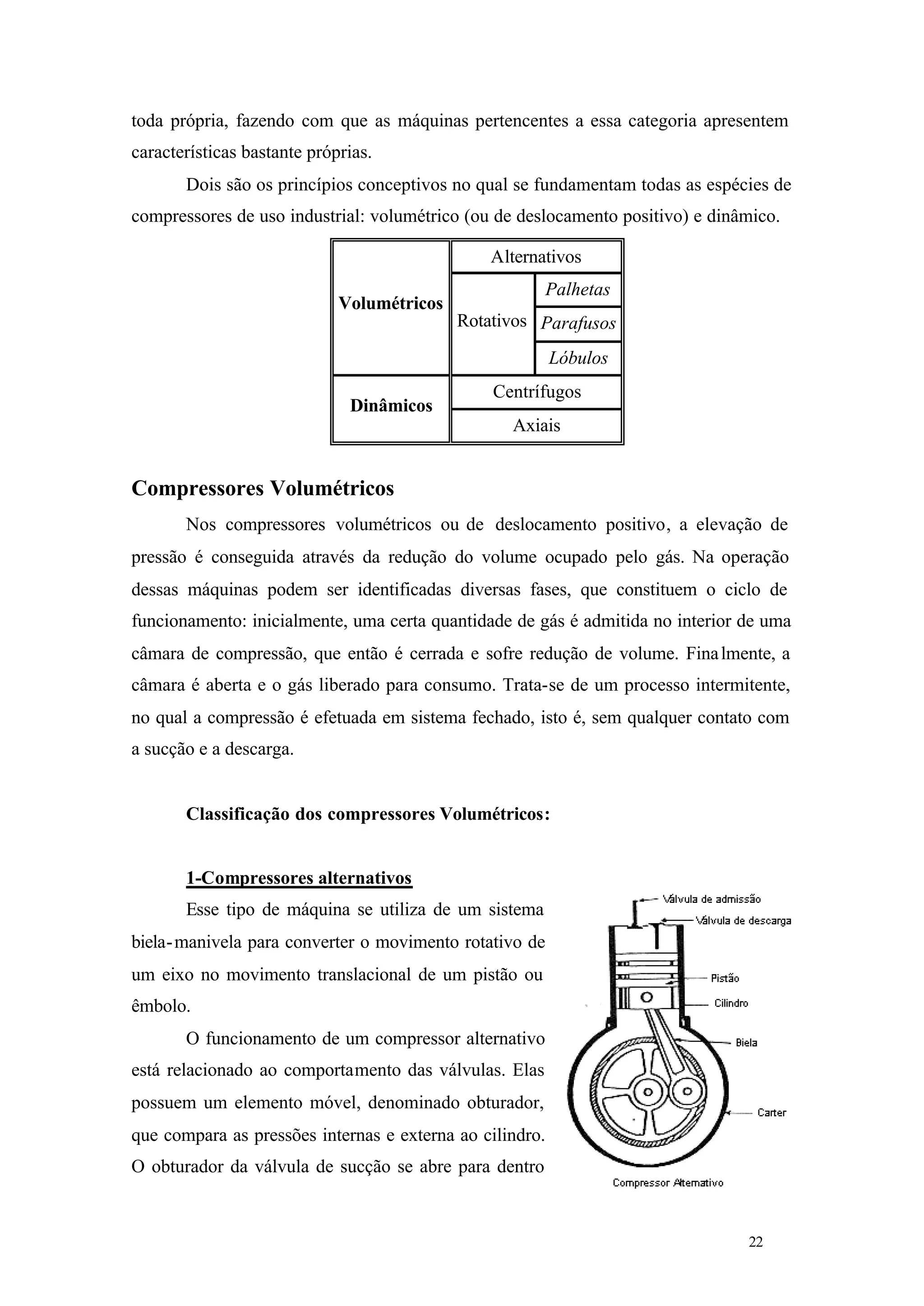 toda própria, fazendo com que as máquinas pertencentes a essa categoria apresentem
características bastante próprias.
Dois são os princípios conceptivos no qual se fundamentam todas as espécies de
compressores de uso industrial: volumétrico (ou de deslocamento positivo) e dinâmico.
Alternativos
Palhetas

Volumétricos

Rotativos Parafusos
Lóbulos
Dinâmicos

Centrífugos
Axiais

Compressores Volumétricos
Nos compressores volumétricos ou de deslocamento positivo, a elevação de
pressão é conseguida através da redução do volume ocupado pelo gás. Na operação
dessas máquinas podem ser identificadas diversas fases, que constituem o ciclo de
funcionamento: inicialmente, uma certa quantidade de gás é admitida no interior de uma
câmara de compressão, que então é cerrada e sofre redução de volume. Fina lmente, a
câmara é aberta e o gás liberado para consumo. Trata-se de um processo intermitente,
no qual a compressão é efetuada em sistema fechado, isto é, sem qualquer contato com
a sucção e a descarga.

Classificação dos compressores Volumétricos:

1-Compressores alternativos
Esse tipo de máquina se utiliza de um sistema
biela- manivela para converter o movimento rotativo de
um eixo no movimento translacional de um pistão ou
êmbolo.
O funcionamento de um compressor alternativo
está relacionado ao comportamento das válvulas. Elas
possuem um elemento móvel, denominado obturador,
que compara as pressões internas e externa ao cilindro.
O obturador da válvula de sucção se abre para dentro

22

22

 