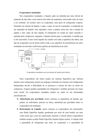 Evaporadores Inundados
Nos evaporadores inundados, o líquido, após ser admitido por uma válvula de
expansão do tipo bóia, escoa através dos tubos da serpentina, removendo calor do meio
a ser resfriado. Ao receber calo r no evaporador, uma parte do refrigerante evapora,
formando um mistura de líquido e vapor, a qual, ao sair do evaporador, é conduzida até
um separador de líquido. Este separador, como o próprio nome diz, tem a função de
separar a fase vapor da fase líquida. O refrigerante no estado de vapor saturado é
aspirado pelo compressor, enquanto o líquido retorna para o evaporador, à medida que
se faz necessário. Como existe líquido em contato com toda a superfície dos tubos, este
tipo de evaporador usa de forma efetiva toda a sua superfície de transferência de calor,
resultando em elevados coeficientes globais de transferência de calor.

Evaporadores inundados com recirculação de líquido (por bomba).

Estes evaporadores são muito usados em sistemas frigoríficos que utilizam
amônia como refrigerante, porém seu emprego é limitado em sistemas com refrigerantes
halogenados devido à dificuldade de se promover o retorno do óleo ao cárter do
compressor. Exigem grandes quantidades de refrigerante e também possuem um maior
custo inicial. Os evaporadores inundados podem ser ainda ter sua alimentação
classificada em:
Alimentação por gravidade: nestes sistemas os separadores de líquido, que
podem ser individuais, parciais ou único, alimentam por gravidade todos os
evaporadores da instalação.
Recirculação de Líquido: nestes sistemas os evaporadores são alimentados
com fluído frigorífico líquido, geralmente por meio de uma bomba, em uma
vazão maior que a taxa de vaporização, portanto o interior destes evaporadores
também sempre contém fluído frigorífico líquido (figura acima). A relação entre
a quantidade de refrigerante que entra no evaporador e a quantidade de

38

38

 