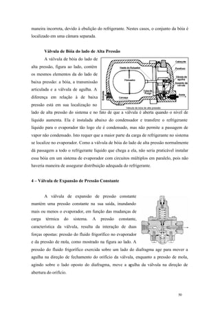 maneira incorreta, devido à ebulição do refrigerante. Nestes casos, o conjunto da bóia é
localizado em uma câmara separada.

Válvula de Bóia do lado de Alta Pressão
A válvula de bóia do lado de
alta pressão, figura ao lado, contém
os mesmos elementos da do lado de
baixa pressão: a bóia, a transmissão
articulada e a válvula de agulha. A
diferença em relação à de baixa
pressão está em sua localização no
lado de alta pressão do sistema e no fato de que a válvula é aberta quando o nível de
líquido aumenta. Ela é instalada abaixo do condensador e transfere o refrigerante
líquido para o evaporador tão logo ele é condensado, mas não permite a passagem de
vapor não condensado. Isto requer que a maior parte da carga de refrigerante no sistema
se localize no evaporador. Como a válvula de bóia do lado de alta pressão normalmente
dá passagem a todo o refrigerante líquido que chega a ela, não seria praticável instalar
essa bóia em um sistema de evaporador com circuitos múltiplos em paralelo, pois não
haveria maneira de assegurar distribuição adequada do refrigerante.

4 – Válvula de Expansão de Pressão Constante

A válvula de expansão de pressão constante
mantém uma pressão constante na sua saída, inundando
mais ou menos o evaporador, em função das mudanças de
carga

térmica

do

sistema.

A

pressão

constante,

característica da válvula, resulta da interação de duas
forças opostas: pressão do fluido frigorífico no evaporador
e da pressão de mola, como mostrado na figura ao lado. A
pressão do fluido frigorífico exercida sobre um lado do diafragma age para mover a
agulha na direção de fechamento do orifício da válvula, enquanto a pressão de mola,
agindo sobre o lado oposto do diafragma, move a agulha da válvula na direção de
abertura do orifício.

50

50

 
