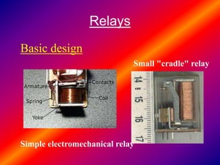 Relays
Basic design
Simple electromechanical relay
Small "cradle" relay
 