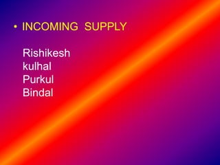 • INCOMING SUPPLY
Rishikesh
kulhal
Purkul
Bindal
 