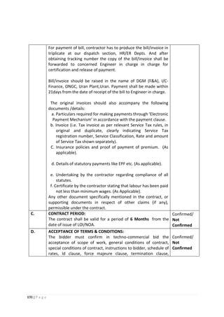 131 | P a g e
For payment of bill, contractor has to produce the bill/invoice in
triplicate at our dispatch section, HR/ER Depts. And after
obtaining tracking number the copy of the bill/invoice shall be
forwarded to concerned Engineer in charge in charge for
certification and release of payment.
Bill/invoice should be raised in the name of DGM (F&A), I/C-
Finance, ONGC, Uran Plant,Uran. Payment shall be made within
21days from the date of receipt of the bill to Engineer in charge.
The original invoices should also accompany the following
documents /details:
a. Particulars required for making payments through ‘Electronic
Payment Mechanism’ in accordance with the payment clause.
b. Invoice (i.e. Tax invoice as per relevant Service Tax rules, in
original and duplicate, clearly indicating Service Tax
registration number, Service Classification, Rate and amount
of Service Tax shown separately).
C. Insurance policies and proof of payment of premium. (As
applicable).
d. Details of statutory payments like EPF etc. (As applicable).
e. Undertaking by the contractor regarding compliance of all
statutes.
f. Certificate by the contractor stating that labour has been paid
not less than minimum wages. (As Applicable).
Any other document specifically mentioned in the contract, or
supporting documents in respect of other claims (if any),
permissible under the contract.
C. CONTRACT PERIOD:
The contract shall be valid for a period of 6 Months from the
date of issue of LOI/NOA.
Confirmed/
Not
Confirmed
D. ACCEPTANCE OF TERMS & CONDITIONS:
The bidder must confirm in techno-commercial bid the
acceptance of scope of work, general conditions of contract,
special conditions of contract, instructions to bidder, schedule of
rates, ld clause, force majeure clause, termination clause,
Confirmed/
Not
Confirmed
 