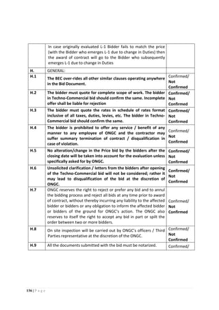 136 | P a g e
In case originally evaluated L-1 Bidder fails to match the price
(with the Bidder who emerges L-1 due to change in Duties) then
the award of contract will go to the Bidder who subsequently
emerges L-1 due to change in Duties
H. GENERAL:
H.1 The BEC over-rides all other similar clauses operating anywhere
in the Bid Document.
Confirmed/
Not
Confirmed
H.2 The bidder must quote for complete scope of work. The bidder
in Techno-Commercial bid should confirm the same. Incomplete
offer shall be liable for rejection
Confirmed/
Not
Confirmed
H.3 The bidder must quote the rates in schedule of rates format
inclusive of all taxes, duties, levies, etc. The bidder in Techno-
Commercial bid should confirm the same.
Confirmed/
Not
Confirmed
H.4 The bidder is prohibited to offer any service / benefit of any
manner to any employee of ONGC and the contractor may
suffer summary termination of contract / disqualification in
case of violation.
Confirmed/
Not
Confirmed
H.5 No alteration/change in the Price bid by the bidders after the
closing date will be taken into account for the evaluation unless
specifically asked for by ONGC.
Confirmed/
Not
Confirmed
H.6 Unsolicited clarification / letters from the bidders after opening
of the Techno-Commercial bid will not be considered; rather it
may lead to disqualification of the bid at the discretion of
ONGC.
Confirmed/
Not
Confirmed
H.7 ONGC reserves the right to reject or prefer any bid and to annul
the bidding process and reject all bids at any time prior to award
of contract, without thereby incurring any liability to the affected
bidder or bidders or any obligation to inform the affected bidder
or bidders of the ground for ONGC’s action. The ONGC also
reserves to itself the right to accept any bid in part or spilt the
order between two or more bidders.
Confirmed/
Not
Confirmed
H.8 On site inspection will be carried out by ONGC’s officers / Third
Parties representative at the discretion of the ONGC.
Confirmed/
Not
Confirmed
H.9 All the documents submitted with the bid must be notarized. Confirmed/
 