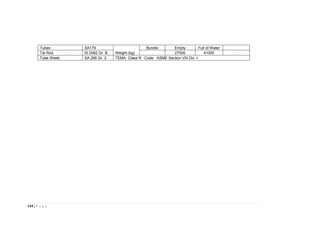 144 | P a g e
Tubes SA179
Weight (kg)
Bundle Empty Full of Water
Tie Rod IS 2062 Gr. B 27500 41000
Tube Sheet SA 266 Gr. 2 TEMA Class R Code ASME Section VIII Div -I
 
