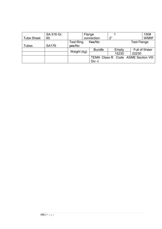 152 | P a g e
Tube Sheet
SA 516 Gr.
60
Flange
connection
1
2”
150#
WNRF
Tubes SA179
Test Ring Yes/No Test Flange
yes/No
Weight (kg)
Bundle Empty Full of Water
2223015230
TEMA Class R Code ASME Section VIII
Div -I
 