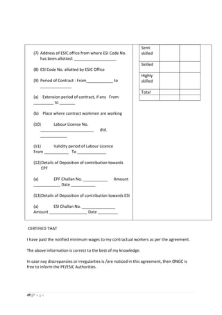 49 | P a g e
(7) Address of ESIC office from where ESI Code No.
has been allotted: ___________________
(8) ESI Code No. allotted by ESIC Office
(9) Period of Contract : From____________ to
______________
(a) Extension period of contract, if any From
_________ to _______
(b) Place where contract workmen are working
(10) Labour Licence No.
________________________ dtd.
____________
(11) Validity period of Labour Licence
From ___________ To _____________
(12)Details of Deposition of contribution towards
EPF
(a) EPF Challan No. ___________ Amount
____________ Date ___________
(13)Details of Deposition of contribution towards ESI
(a) ESI Challan No. _______________
Amount _________________ Date _________
Semi
skilled
Skilled
Highly
skilled
Total
CERTIFIED THAT
I have paid the notified minimum wages to my contractual workers as per the agreement.
The above information is correct to the best of my knowledge.
In case nay discrepancies or irregularties is /are noticed in this agreement, then ONGC is
free to inform the PF/ESIC Authorities.
 