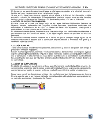INSTITUCIÓN EDUCATIVA DE CIENCIAS APLICADAS ―VÍCTOR VALENZUELA GUARDIA‖                5 Año

El de que no se afecte los derechos al honor y a la buena reputación, a la intimidad personal y
familiar, así como los derechos a la voz y a la imagen propia.
Si esta acción fuera impropiamente regulada, podría afectar a la libertad de información, opinión,
expresión y difusión del pensamiento. El Congreso tiene que tener cuidado en no agraviar derechos
tan importantes con la regulación de esta acción, igualmente positiva y útil para la vida social.
4. ACCIÓN DE INCONSTITUCIONALIDAD
Procede contra las normas que tienen rango de ley, leyes, Decretos Legislativos, Decretos de
Urgencia, tratados, reglamentos del Congreso, normas regionales, ordenanzas municipales que
contradigan la Constitución en el fondo, o cuando no hayan sido aprobadas, promulgadas o
publicadas en la forma indicada por la Constitución.
La Inconstitucionalidad formal, consiste en que una norma haya sido sancionada sin observarse el
procedimiento que la Constitución señala, o por algún órgano distinto al que tiene la atribución
pertinente.
La Inconstitucionalidad material, consiste en el hecho de que el precepto infrinja alguno de los
derechos individuales o sociales que la constitución ampara; esta es la modalidad mas grave y el
verdadero objeto del control.

5. ACCIÓN POPULAR
Tiene como finalidad impedir las transgresiones, desviaciones y excesos del poder, con arreglo al
principio de limitación de poderes.
Existen muchos reglamentos, decretos y resoluciones (además de las normas con rango de ley) que
expiden varios órganos del Estado, ninguna de estas normas de carácter general pueden contradecir
ni a la Constitución ni a las normas con rango de ley. Cuando ocurra la contradicción puede utilizarse
la Acción Popular para que los tribunales ordinarios (es tramitada ante el Poder Judicial) declaren o
no su invalidez.

6. ACCIÓN DE CUMPLIMIENTO
Es objeto del proceso de cumplimiento ordenar que el funcionario o autoridad pública renuente: de
cumplimiento a una norma legal o ejecute un acto administrativo firme; o se pronuncie expresamente
              Sucesiones
cuando las normas legales le ordenan emitir una resolución administrativa o dictar un reglamento.
            Distribuciones
               Series y
Busca hacer cumplir las disposiciones jurídicas y las resoluciones a favor de las personas sin demora.
             Sumatorias
Es una garantía para el ser humano particular contra la posible arbitrariedad que quieran ejercer en
su contra las autoridades y funcionarios del Estado.



               Tarea




      15 Formación Ciudadana y Cívica
 