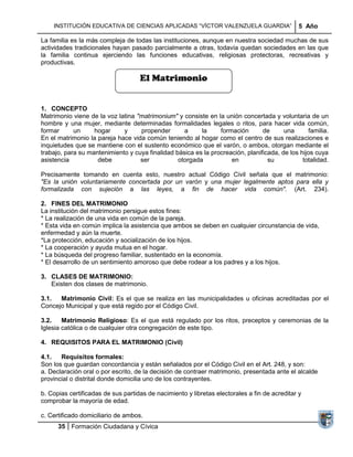 INSTITUCIÓN EDUCATIVA DE CIENCIAS APLICADAS ―VÍCTOR VALENZUELA GUARDIA‖                    5 Año

La familia es la más compleja de todas las instituciones, aunque en nuestra sociedad muchas de sus
actividades tradicionales hayan pasado parcialmente a otras, todavía quedan sociedades en las que
la familia continua ejerciendo las funciones educativas, religiosas protectoras, recreativas y
productivas.

                                    El Matrimonio


1. CONCEPTO
Matrimonio viene de la voz latina "matrimonium" y consiste en la unión concertada y voluntaria de un
hombre y una mujer, mediante determinadas formalidades legales o ritos, para hacer vida común,
formar      un     hogar     y     propender       a     la     formación       de      una      familia.
En el matrimonio la pareja hace vida común teniendo al hogar como el centro de sus realizaciones e
inquietudes que se mantiene con el sustento económico que el varón, o ambos, otorgan mediante el
trabajo, para su mantenimiento y cuya finalidad básica es la procreación, planificada, de los hijos cuya
asistencia          debe           ser           otorgada           en            su           totalidad.

Precisamente tomando en cuenta esto, nuestro actual Código Civil señala que el matrimonio:
"Es la unión voluntariamente concertada por un varón y una mujer legalmente aptos para ella y
formalizada con sujeción a las leyes, a fin de hacer vida común". (Art. 234).

2. FINES DEL MATRIMONIO
La institución del matrimonio persigue estos fines:
* La realización de una vida en común de la pareja.
* Esta vida en común implica la asistencia que ambos se deben en cualquier circunstancia de vida,
enfermedad y aún la muerte.
*La protección, educación y socialización de los hijos.
* La cooperación y ayuda mutua en el hogar.
* La búsqueda del progreso familiar, sustentado en la economía.
* El desarrollo de un sentimiento amoroso que debe rodear a los padres y a los hijos.

3. CLASES DE MATRIMONIO:
   Existen dos clases de matrimonio.

3.1.  Matrimonio Civil: Es el que se realiza en las municipalidades u oficinas acreditadas por el
Concejo Municipal y que está regido por el Código Civil.

3.2.    Matrimonio Religioso: Es el que está regulado por los ritos, preceptos y ceremonias de la
Iglesia católica o de cualquier otra congregación de este tipo.

4. REQUISITOS PARA EL MATRIMONIO (Civil)

4.1.   Requisitos formales:
Son los que guardan concordancia y están señalados por el Código Civil en el Art. 248, y son:
a. Declaración oral o por escrito, de la decisión de contraer matrimonio, presentada ante el alcalde
provincial o distrital donde domicilia uno de los contrayentes.

b. Copias certificadas de sus partidas de nacimiento y libretas electorales a fin de acreditar y
comprobar la mayoría de edad.

c. Certificado domiciliario de ambos.
      35 Formación Ciudadana y Cívica
 