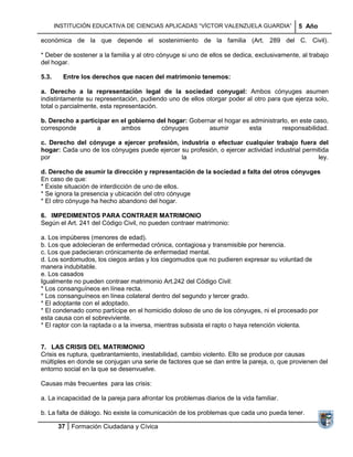 INSTITUCIÓN EDUCATIVA DE CIENCIAS APLICADAS ―VÍCTOR VALENZUELA GUARDIA‖               5 Año

económica de la que depende el sostenimiento de la familia (Art. 289 del C. Civil).

* Deber de sostener a la familia y al otro cónyuge si uno de ellos se dedica, exclusivamente, al trabajo
del hogar.

5.3.     Entre los derechos que nacen del matrimonio tenemos:

a. Derecho a la representación legal de la sociedad conyugal: Ambos cónyuges asumen
indistintamente su representación, pudiendo uno de ellos otorgar poder al otro para que ejerza solo,
total o parcialmente, esta representación.

b. Derecho a participar en el gobierno del hogar: Gobernar el hogar es administrarlo, en este caso,
corresponde        a       ambos        cónyuges        asumir        esta        responsabilidad.

c. Derecho del cónyuge a ejercer profesión, industria o efectuar cualquier trabajo fuera del
hogar: Cada uno de los cónyuges puede ejercer su profesión, o ejercer actividad industrial permitida
por                                           la                                                ley.

d. Derecho de asumir la dirección y representación de la sociedad a falta del otros cónyuges
En caso de que:
* Existe situación de interdicción de uno de ellos.
* Se ignora la presencia y ubicación del otro cónyuge
* El otro cónyuge ha hecho abandono del hogar.

6. IMPEDIMENTOS PARA CONTRAER MATRIMONIO
Según el Art. 241 del Código Civil, no pueden contraer matrimonio:

a. Los impúberes (menores de edad).
b. Los que adolecieran de enfermedad crónica, contagiosa y transmisible por herencia.
c. Los que padecieran crónicamente de enfermedad mental.
d. Los sordomudos, los ciegos ardas y los ciegomudos que no pudieren expresar su voluntad de
manera indubitable.
e. Los casados
Igualmente no pueden contraer matrimonio Art.242 del Código Civil:
* Los consanguíneos en línea recta.
* Los consanguíneos en línea colateral dentro del segundo y tercer grado.
* El adoptante con el adoptado.
* El condenado como partícipe en el homicidio doloso de uno de los cónyuges, ni el procesado por
esta causa con el sobreviviente.
* El raptor con la raptada o a la inversa, mientras subsista el rapto o haya retención violenta.


7. LAS CRISIS DEL MATRIMONIO
Crisis es ruptura, quebrantamiento, inestabilidad, cambio violento. Ello se produce por causas
múltiples en donde se conjugan una serie de factores que se dan entre la pareja, o, que provienen del
entorno social en la que se desenvuelve.

Causas más frecuentes para las crisis:

a. La incapacidad de la pareja para afrontar los problemas diarios de la vida familiar.

b. La falta de diálogo. No existe la comunicación de los problemas que cada uno pueda tener.

        37 Formación Ciudadana y Cívica
 