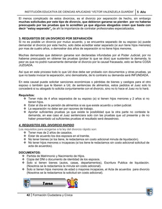 INSTITUCIÓN EDUCATIVA DE CIENCIAS APLICADAS ―VÍCTOR VALENZUELA GUARDIA‖                5 Año

El menos complicado de estos divorcios, es el divorcio por separación de hecho, sin embargo
muchas solicitudes por este tipo de divorcio, que debieron ganarse se pierden por no haberse
preocupado por las pruebas que lo acrediten ya que algunos abogados creen que basta con
decir “estoy separado”, de ahí la importancia de contratar profesionales especializados.


3. REQUISITOS DE UN DIVORCIO POR SEPARACIÓN
Si no es posible un divorcio por mutuo acuerdo, y se encuentra separado de su esposo (a) puede
demandar el divorcio por este hecho, solo debe acreditar estar separado (si aun tiene hijos menores)
por mas de cuatro años, o demostrar dos años de separación si no tiene hijos menores.

Muchas demandas que debieron ganarse son declaradas infundadas por el Poder Judicial, por no
haberse preocupado en obtener las pruebas (probar lo que se dice) que sustenten la demanda, lo
peor es que no podrá nuevamente demandar el divorcio por la causal fracasada, esto se llama COSA
JUZGADA.

Así que en este proceso todo lo que Ud dice debe ser probado con documentos y otras pruebas, ya
que no basta invocar la separación, sino demostrarla, de lo contrario su demanda será INFUNDADA.

En esta causal puede solicitar sanciones económicas o pérdidas de bienes y castigos para el otro
esposo o también que le liberen a Ud, de sentencias de alimentos, estos pedidos el Juez solo lo
concederá si su abogado lo solicita conjuntamente con el divorcio, sino no lo hace el Juez no lo hará.

Requisitos:
    Tener más de 4 años separados de su esposo (a) si tienen hijos menores y 2 años si no
      tienen hijos.
    Estar al día en la pensión de alimentos si es que existe acuerdo u orden judicial.
    La separación no debe ser por razones de trabajo.
    Aportar suficientes pruebas ya que existe la posibilidad que la otra parte no conteste la
      demanda, en ese caso el Juez sentenciara solo con las pruebas que ud presente y de no
      haber presentado ud suficientes pruebas el resultado será desastroso.

4. REQUISITOS DEL DIVORCIO RAPIDO
Los requisitos para acogerse a la ley del divorcio rápido son:
     Tener mas de 2 años de casados.
     Estar de acuerdo los dos esposos en el tramite.
     No tener bienes (si los tiene, le redactamos sin costo adicional minuta de liquidación).
     No tener hijos menores o incapaces (si los tiene le redactamos sin costo adicional solicitud de
       acta de acuerdos).

DOCUMENTOS:
  Partida de Matrimonio y Nacimiento de Hijos.
               Sucesiones
  Copia del Distribuciones
              DNI o documento de identidad de los esposos.
  Solo si tienen bienes (autos, casas, departamentos), Escritura Publica de liquidación.
                Series y
    (Nosotros se la redactamos la minuta sin costo adicional).
               Sumatorias
  Solo si tienen hijos menores de edad o mayores incapaces, el Acta de acuerdos para divorcio
    (Nosotros se la redactamos la solicitud sin costo adicional).


                  Tarea

      42 Formación Ciudadana y Cívica
 