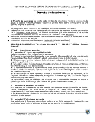 INSTITUCIÓN EDUCATIVA DE CIENCIAS APLICADAS ―VÍCTOR VALENZUELA GUARDIA‖              5 Año


                                  Derecho de Sucesiones


El Derecho de sucesiones es aquella parte del Derecho privado que regula la sucesión mortis
causa, el destino de las titularidades y relaciones jurídicas tanto activas como pasivas de una
persona después de su muerte.

En la regulación de las sucesiones, se contemplan importantes aspectos, tales como:
Destino que se le van a dar a los bienes del difunto o causante. Se determina el ámbito de actuación
de la autonomía de la voluntad, las normas imperativas que sean necesarias y las normas
dispositivas que suplirán la voluntad del causante, en caso de no existir testamento.
Requisitos de validez del testamento, con la finalidad de asegurar que lo que aparezca en él sea
realmente la voluntad del testador.
Los trámites necesarios para el reparto del caudal relicto (bienes hereditarios).

DERECHO DE SUCESIONES Y EL Código Civil (LIBRO IV - SECCION TERCERA - Sucesión
Intestada)

TITULO I - Disposiciones generales
I.     Articulo 815º.- Casos de sucesión intestada
La herencia corresponde a los herederos legales cuando:
1.- El causante muere sin dejar testamento; el que otorgo ha sido declarado nulo total o parcialmente;
ha caducado por falta de comprobación judicial; o se declara invalida la desheredación.
2.- El testamento no contiene institución de heredero, o se ha declarado la caducidad o invalidez de la
disposición que lo instituye.
3.- El heredero forzoso muere antes que el testador, renuncia a la herencia o la pierde por indignidad
o desheredación y no tiene descendientes.
4.- El heredero voluntario o el legatario muere antes que el testador; o por no haberse cumplido la
condición establecida por este; o por renuncia, o por haberse declarado indignos a estos sucesores
sin sustitutos designados.
5.- El testador que no tiene herederos forzosos o voluntarios instituidos en testamento, no ha
dispuesto de todos sus bienes en legados, en cuyo caso la sucesión legal solo funciona con respecto
a los bienes de que no dispuso.
La declaración judicial de herederos por sucesión total o parcialmente intestada, no impide al
preterido por la declaración haga valer los derechos que le confiere el Articulo 664.(*)

II.   Articulo 816º.- Ordenes sucesorias
Son herederos del primer orden, los hijos y demás descendientes; del segundo orden, los padres y
demás ascendientes; del tercer orden, el cónyuge; del cuarto, quinto y sexto ordenes,
respectivamente, los parientes colaterales del segundo, tercero y cuarto grado de consanguinidad.
El cónyuge también es heredero en concurrencia con los herederos de los dos primeros ordenes
indicados en este articulo.

III. Articulo 817º.- Exclusión sucesoria
Los parientes de la línea recta descendente excluyen a los de la ascendente. Los parientes mas
próximos en grado excluyen a los mas remotos, salvo el derecho de representación.




        43 Formación Ciudadana y Cívica
 